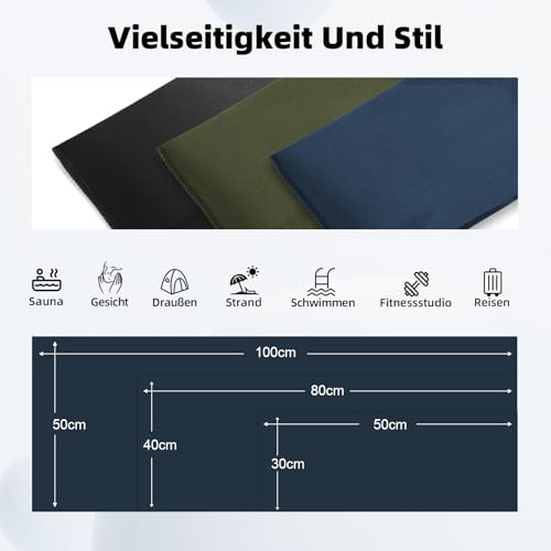 Mikrofaser Handtuch 3er Set (30*50cm): Schnelltrocknend & Kompakte Microfaser Sporthandtuch, für Reisehandtuch, Badetuch, Fitness, Strandtuch und Sport Handtücher (Marineblau, Schwarz, Armeegrün)