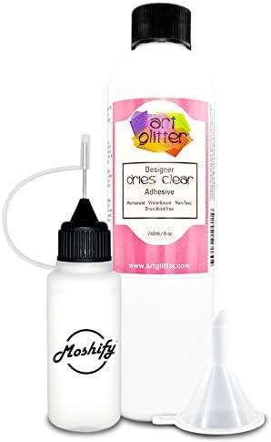 Art Glitter Glue - Designer Dries Clear Adhesive - 8oz Refill Bundled with Moshify 20mL Applicator Bottle and Funnel