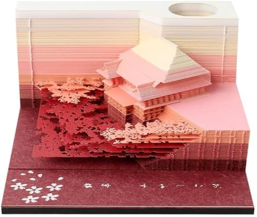 uuClub 3Dメモ帳、3D付箋、ペンホルダー付き芸術的パッド、切り離せる、ペーパークラフトビルディングブロック、多機能ポストノート、オフィスホームデコレーション用メモパッド (清水寺-赤)