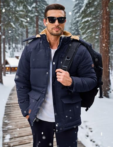 MAGCOMSEN Herren Fleece Parka Gefüttert Outdoor Winterjacke Winddicht Freizeitjacke Warme Daunenjacke Männer Fahrrad Arbeitsjacke Dick Wandern Mantel mit Abnehmbar Kapuze Dunkelblau L