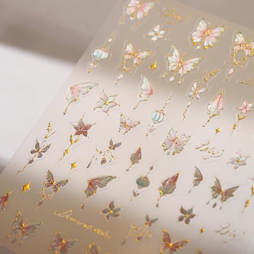 Image of Butterfly Nail Art Stickers Flower Nails Decals with Gold Design Pink Floral Nail Sticker for Nails Art 5D Embossed Self Adhesive Nails Charms for Women Girls Manicure DIY Decoration