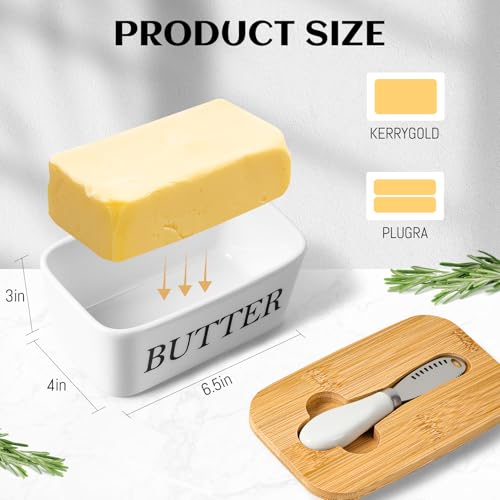 Butterdose mit Holzdeckel, Butterdose Keramik mit Buttermesser, Multifunktion Butterdose Porzellan, 250 g Butter Dish, Butterglocke, Butterbox - immagine 3