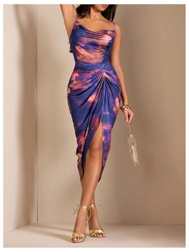 WDIRARA Women's Tie Dye Sleeveless Bodycon Midi Dress Cowl Neck Ruched Split Cami Dresses3