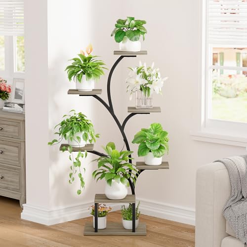 Image of BACEKOLL Plant Stand Indoor with Grow Lights, 7 Tiered Indoor Plant Shelf, 49 inch Corner Plant Stands for Indoor Plants, Metal Plant Flower Display Shelf, Tree-Shaped Plant Rack for Home, Patio, Grey