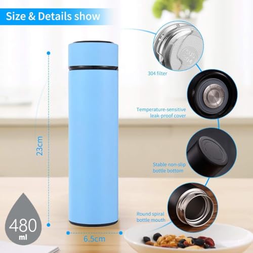 Image of Stainless Steel Smart Water Bottle with LED Temperature Display Double Wall Insulated Leak-Proof Flask Keeps Drinks Hot /Cold for 24 Hour (500ml) (Blue)