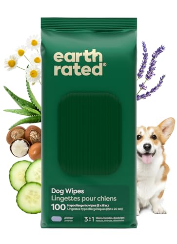 Earth Rated Dog Wipes, Hypoallergenic, Cleaning and Hydrating, for Grooming Paws, Body and Butt, Lavender Scented, 100 Count