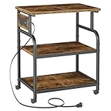 YAOHUOO 3 Tier Large Printer Stand with Power Outlet/Adjustable Storage Shelf, Rolling Cart with Wheels, Printer Table for Home Office 3D Printer/Heat Press/Laster, 22'×15' Rustic Brown