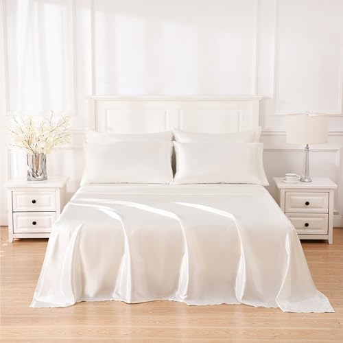 Sleeplite Juego de sábanas de satén de lujo de 4 piezas con fundas de almohada, ultra suave y sedoso, hipoalergénico y sin arrugas, ropa de cama cómoda de calidad de hotel, tamaño matrimonial, color