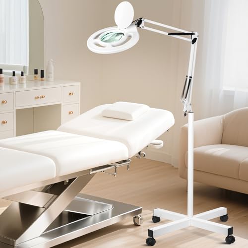 HITTI 10X Magnifying Glass with Light and Stand, Super Bright 24W Stepless Dimmable LED Floor Lamp with 4 Wheels Rolling Base, Lighted Mag Lamp for Esthetician Tattoo,Crafts, Lash & Facial Nail Read