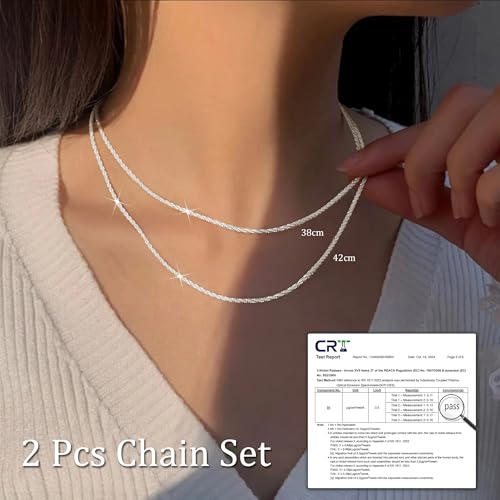 CASSIECA 2 Stück Silber Halskette Layered Sterling Silber Stapelbare Kette Glänzende Diamantschliff Popcorn-Kette für Frauen Mädchen