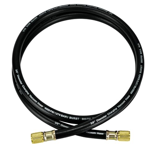 Upgraded 15660 3/8in Heavy Duty Charging Vacuum Hose 3/8 to 3/8 Fittings 5 FT 600 PSI Working Pressure 3000 PSI Burst Pressure Compatible with Most Refrigeration&Air Conditioning Equipment