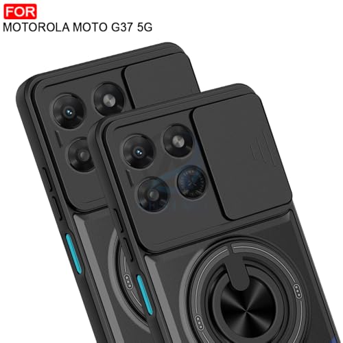 Image of AESTMO Motorola Moto G37 5G Back Cover | Armor Camera Slider 360 Degree Rotating Finger Ring Holder Case with Bracket Stand Back Case Cover (Compatible with MagSafe Accessories) Black