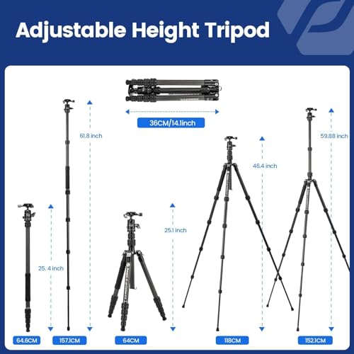 Image of Fotopro 62 inch Carbon Fiber Travel Tripod, Lightweight Compact Camera Tripod with Ball Head and Arca-Swiss Quick Release Plate, Detachable Monopod, Carry Bag, Load up to 8KG /17.63lbs, Weighs only 2lbs.