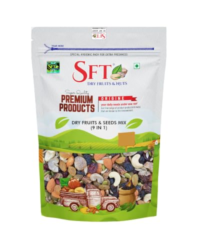 Image of SFT Premium Mixed Dry Fruits & Seeds (9 In 1) Pack 500Gm | Nutritious Snack with Almonds, Cashews, Diced Dates, Black Raisins, Green Raisins, Amla Candy, Cranberry, Pumpkin & Sunflower Seeds | Resealable Pack for Freshness