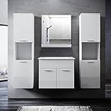 SONNI Badmöbel Set mit Waschbecken mit Unterschrank und Spiegel Badezimmermöbel mit Hochschrank Waschtisch 4-teilig 60cm Hochglanz weiß für kleine Bäder