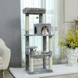 PAWZ Road Kratzbaum für große Katzen stabil, 143 cm Katzenturm mit großer Liegefläche, Plüsch-Hängematte, 2-türigem Katzenhaus, 6 Ebenen, Sisal-Kratzpfosten, Grau