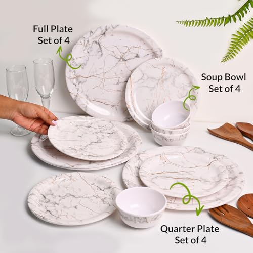 Image of MARKET 99 Heavy-Duty White Static Melamine Dinner Set 12 Pieces | Includes 4 Dinner Plates 4 Side Plates 4 Soup Bowls | Durable Food-Safe Tableware for Daily Use Family Dining & Kitchen Decor