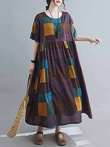Moochy Vestido feminino de algodão e linho com estampa xadrez vintage O pescoço meia mangas robes ca