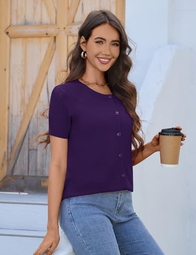 Image of FreshNight Women's 2025 Short Sleeve Cardigan Button Up Hollowed Out Crewneck Shrug Sweaters Knit Sweater Tops Lightweight