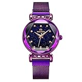 KuanDar watch Mode Damenuhr Simulator Starry Sky Diamond Dial Quarz Ms. Magnetic Mesh mit Analoge Einzigartige Einfache Armbanduhr, Purple