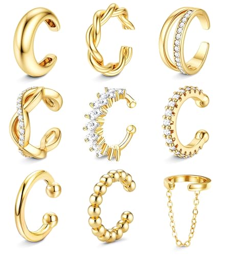 9PCS Ear Cuffs Earrings for Women Non Piercing 14K Gold Plated - Hypoallergenic Adjustable Ear Cuffs Trendy Non Tarnish Clip on Cartilage Fake Earring Stacks Wrap Jewelry