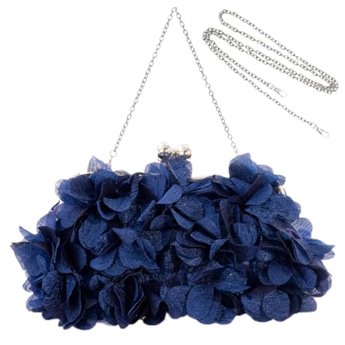 JAMBHALA Navy Blue Floral Evening Purse with Detachable Chain