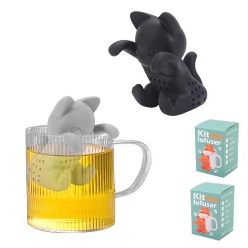 HASLED Infusore per Tè 2 Pezzi - Filtro Tisane in Silicone a Forma di Gattino - Nero e Grigio - Per Tazza e Teiera - Regalo per Amanti del Tè