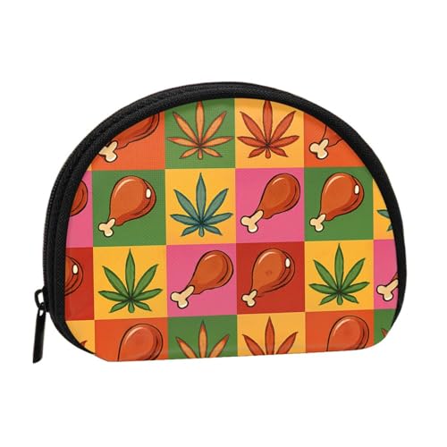 Portable Coin Purse Turkey Leg And Leaf Pattern Mini Zippered Money Pouch Card Holder