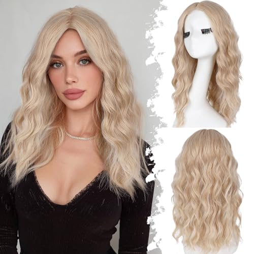 Image of Eawwii Wigs for Women Honey Blonde Platinum,Wavy Synthetic Lace Wig 18 Inch | Glueless 4x1 Lace Hairline, Heat-Resistant Fiber,Bob Wave Style,Natural Appearance for Everyday Cosplay