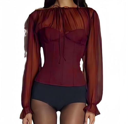 Y2k Tops Sexy Tops Long Sleeve Tops for Women Tie Front Tops Sheer Tops for Women Corset Tops Bow Top Tulle Top