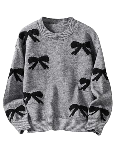 Image of BEAUDRM Girl's Cute Bow Sweater Crew Neck Long Sleeve Drop Shoulder Loose Pullover Tops