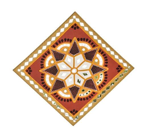 Image of Ethnics of Kutch Traditional Kutch Handicraft Mud-Mirrorwork Lippan Kam Wall Art (Water and Break Resistant) - Square (12 inch x 12 inch) - (White - LKT-0234)