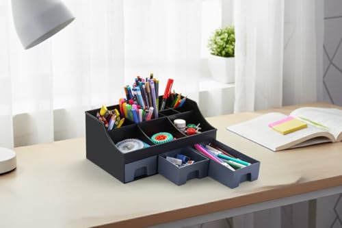 Image of ABS Plastic Desk Organiser with Drawer,Multifunctional Desk Organizer,Customized Desk Organizer with Pencil Holders,Sticky Note,Paperclip StorageIOffice Table Stand for Home /Office (Black)
