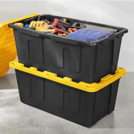 40 Gallon Heavy Duty Storage Tote with Lid, Black and Yellow, reusable, made with heavy-duty recycled plastic