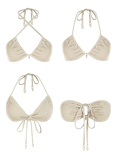 ZAFUL Women's Triangle Bikini Multiway Fishnet Tie Side Bandeau Halter String Bikini Set Two Piece Swimsuit Bathing Suits3