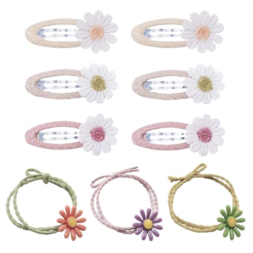6 Stück Stoff Haarspangen + 3 Stück Gummibänder,Haarspange Blume,Mädchen Haarschmuck Set,Haarspangen Mädchen, HaaraccessoiresMädchen,Hair Clips for Girls,Gänseblümchen Haarspange für KleineMädchen