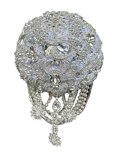 Image of MaxxCloud Luxury Gatsby-Inspired Vintage Wedding Golden Brooch Bouquets Handmade Sliver Bling Glam Wedding Bridal Bouquet (White, 7.1'' /18cm)