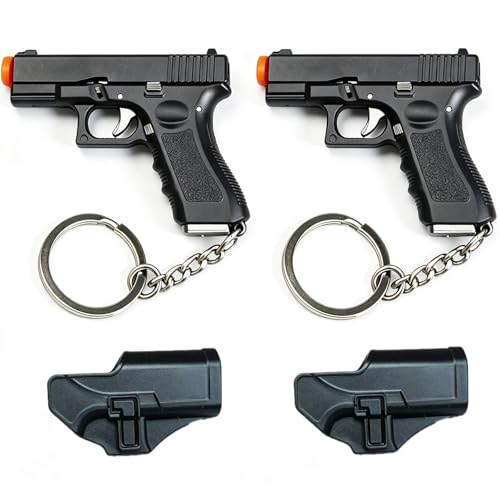 Holriaye Mini Gun-Shaped Keychain with Holster 1:3 Scale Tactical Pistol Keychain Collection Model Key Chain Novelty Cool Ornament Xmas Gifts For Man (2 Pack)