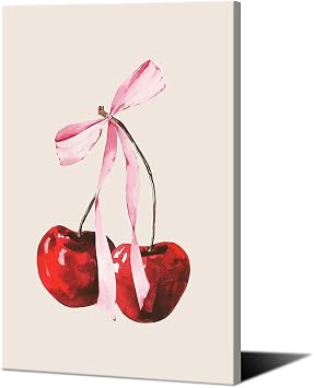 Cherry Pink Bow Poster for Girl Bedroom Coquette Feminine Poster Red Cherry Canvas Wall Art Trendy Bow Art Preppy College Apartment Print Coquette Girly Wall Art for Bedroom16x24in wooden frame
