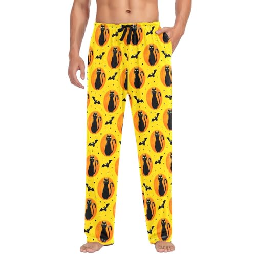Men's Halloween Spooky Cats Pajama Pants with Pockets - Straight Fit Cotton Sleep Bottoms for Lounge & Nightwear#509