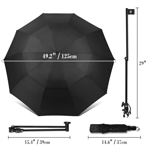 WILRAY UPF 50+Verstellbarer Regenschirm, Golfschirm mit verstellbarer universeller Klemme, für Stühle, Golfbeutel, Kinderwagen, Rollstuhl, Terrasse, tragbare Regenschirme (Black-XL)