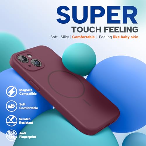Image of Miracase Magnetic for iPhone 15 Plus Case, [Soft Anti-Scratch Microfiber Lining], Compatible with MagSafe, Liquid Silicone Shockproof Drop Protection Phone Case for 15 Plus, Wine Red