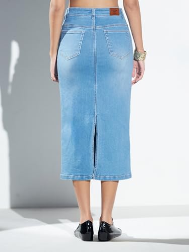 Image of Miss Chase Women's Regular High Rise Above Knee Stretchable Denim Skirt