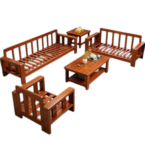 Image of MISAN Wooden Living Room Sofa Set | 6 Seater Sofa Set | Solid Sheesham Wood Sofa Set for Living Room (3+2+1 Brown,Natural Teak Finish)