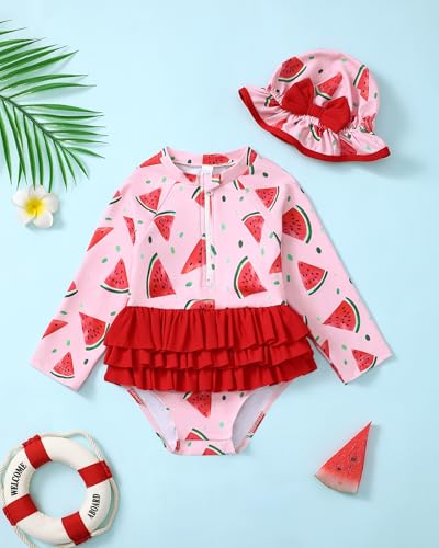 Image of Toddler Girl Swimsuit Baby Girl Bathing Suit Long Sleeve Floral Zipper One-Piece Rash Guard Swimsuit with Hat