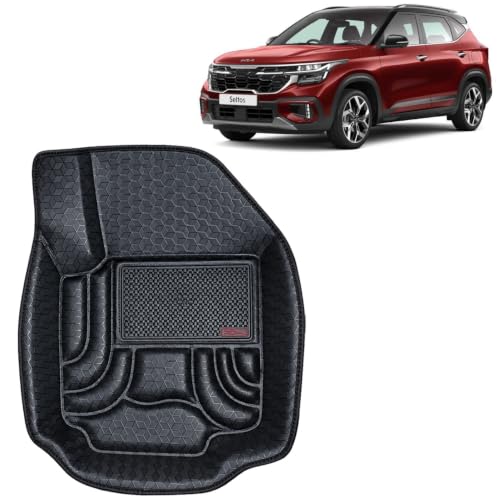 Image of OTO2EYE Car Floor Mat 4.5D Compatible for Kia Seltos (2023 to 2025) All Model, 100% Waterproof Tray Shape, Set of 3 Pieces, Top Notch PVC 4.5D Foot Mats, Washable, 1 Year Warranty