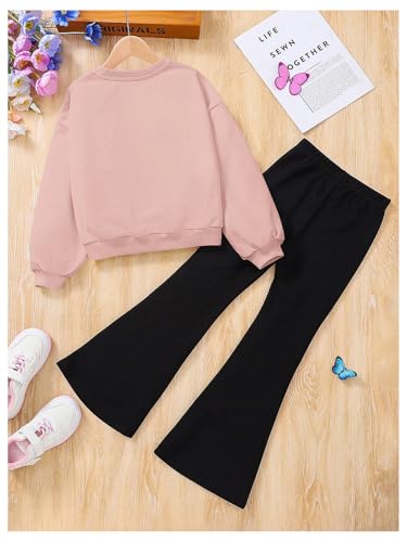 Image of SweatyRocks Girl's 2 Piece Outfits Letter Graphic Long Sleeve Pullover Sweatshirt and Flare Pants Set Pink 10Y