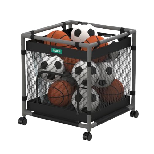 WELKIN Ball Storage Cart with Wheels, 60 Gallon Large Capacity | ABS Frame, Textilene Mesh, Side Zipper, Rust, Wear & Uv Resistance, Quick Access, Garage Gym Storage, Indoor & Outdoor Use