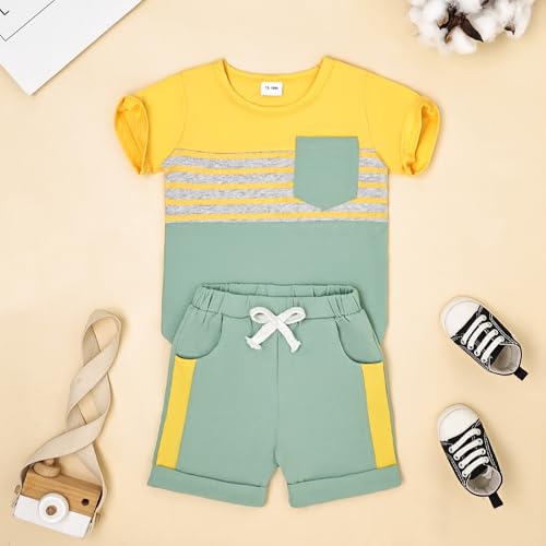 Image of FOCUTEBB Toddler Boy Clothes Summer Patchwork T-Shirt Shorts 2Pc Set 12M-5T | Soft Cotton Short Sleeve Set, Patchwork Design, Comfy Elastic Waist with Pocket, Toddler Boy Summer Casual Daily Wear