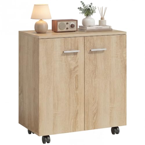 HOMCOM Aparador con Ruedas, 2 Puertas, Sala de Estar, 60x35x65 cm, Natural